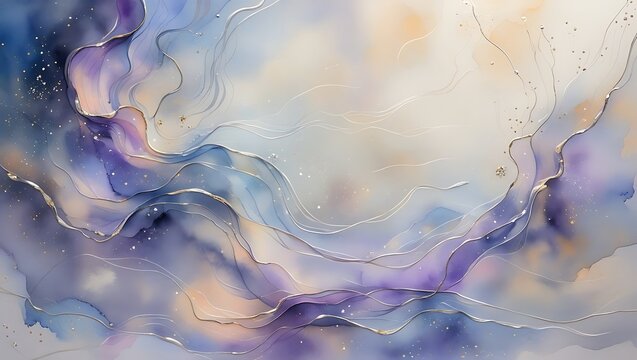 Elegant abstract watercolor painting with silver metallic accents and soft color palettes