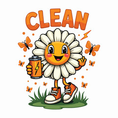 Cute cartoon bee with flowers. Clean typography with Flower Mascot Funky Retro Character. cartoon Flower