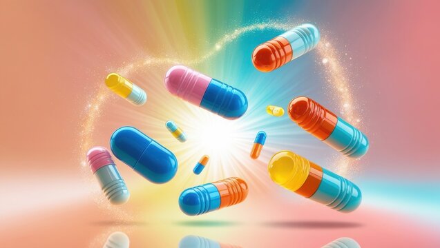 Multi-colored capsules levitate in the air on a multi-colored background