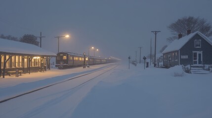 Snowy train station at twilight