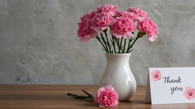 Pink carnations bouquet and thank you note