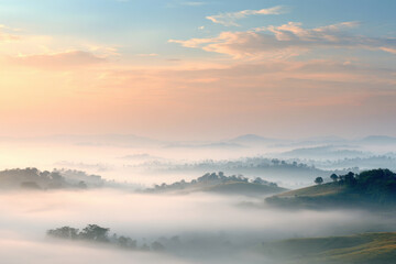 Fototapeta premium breathtaking sunrise over scenic hill enveloped in soft fog