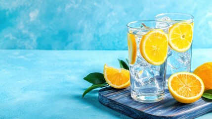 Refreshing lemonade served in tall glasses with ice and lemon slices on a blue background