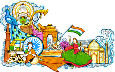 India background showing its incredible culture and diversity with monuments, dance and festival
