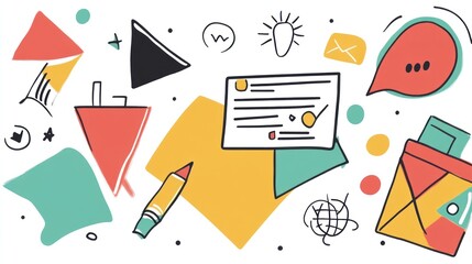 Colorful abstract graphic design elements, including shapes, lines, and symbols, suggesting communication, ideas, and organization