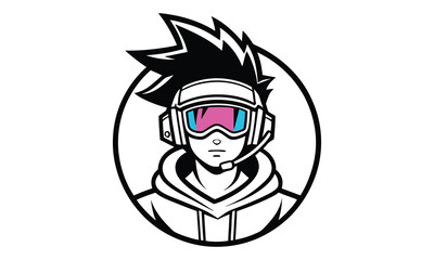Illustration of a gamer avatar with headset and goggles inside a black circle outline design