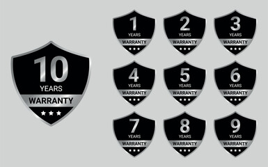black silver warranty badges showing 1 to 10 years on shield icons with stars and text	