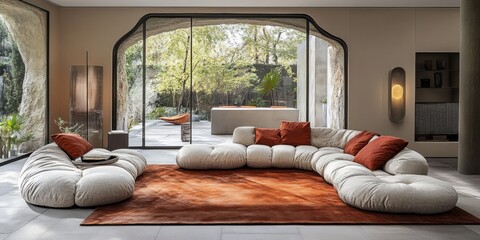 Modern living room showcasing a modular sofa and outdoor view of foliage