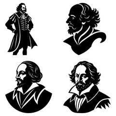 Four black and white portraits of william shakespeare in various poses and styles in a vector graphic