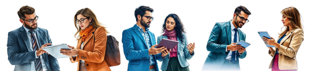 Young Manager Collaborates with Senior Colleague on Laptop &ndash; Watercolor Vector Illustration of Diverse Business Team.