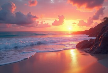 vibrant beach sunrise gentle ocean waves serene seascape colorful sky coastal beauty, sand, shore, horizon, foam, tropical, morning, dawn, reflection