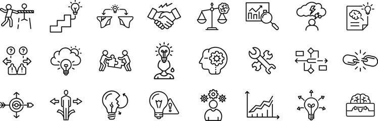 Fototapeta premium Line Icons Set of Problem Solving, Business Strategy, Team Collaboration, Creative Idea Generation, Decision Making, Critical Thinking, Innovation Planning, Business Strategy, Teamwork