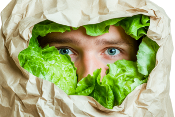 Man s face partially hidden by lettuce in paper bag isolated on transparent PNG
