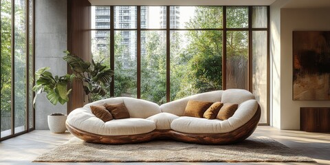 Luxurious sofa with wooden base in modern residential space with leafy green view
