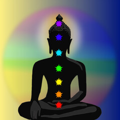 Silhouette of a meditating buddha in a lotus position, with chakras represented as colorful star-like symbols along the spine. Each chakra is a different color, depicting the traditional seven chakra 