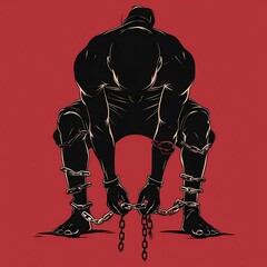 Struggling figure breaking free from chains against a red background representing resilience and strength