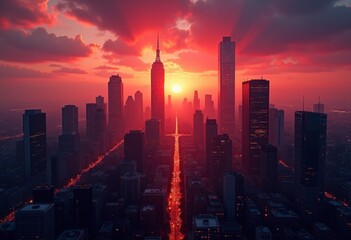 Fototapeta premium vibrant city skyline sunset silhouette urban horizon evening lights landscape, building, height, dusk, reflection, architecture, rooftop, night, illumination