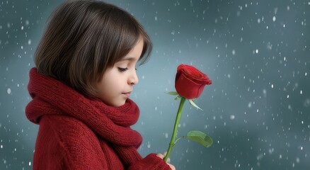 Child with Rose in Winter Wonderland