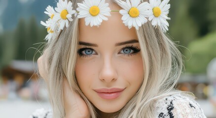 Young Woman with Flower Crown in Natural Setting