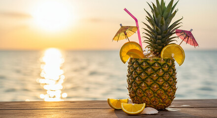 Refreshing pineapple cocktail served in a carved pineapple with beach and sunset in the background.