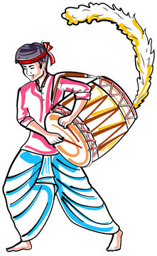 Dhaki playing dhak drum in Happy Durga Puja Subh Navratri Indian religious
