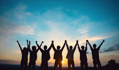 Silhouette image of a group of people raising their hands, suitable for corporate annual meetings, team-building activities, and corporate culture promotion.