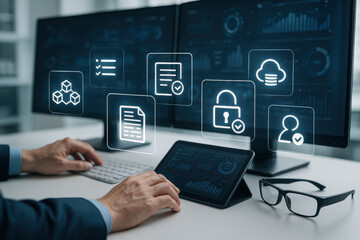 Person working on computer with digital icons representing data security, cloud storage, and file management