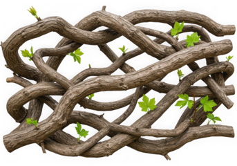 Intertwined wooden branches with new spring leaves isolated on transparent background