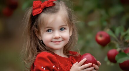Charming Young Child Holding an Apple in a Fruit Orchard