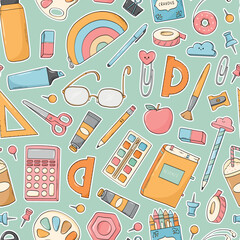 Back to school seamless pattern with school supplies doodles, cartoon elements on green background for prints, stationery, wallpaper, wrapping paper, backgrounds, covers. EPS 10