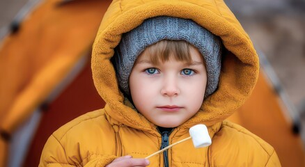 Cozy Child Enjoying a Marshmallow Outdoors