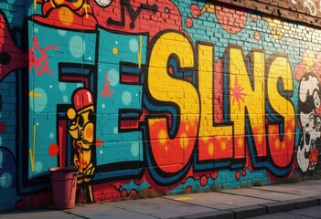vibrant colorful street art urban graffiti brick wall mural creative expression artistic outdoor culture color palette bold patterns, design, texture, public