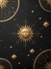 Celestial sun and star patterns on a dark background create an enchanting atmosphere for mystical themes