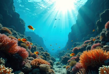 Naklejka premium vibrant coral reef sunlit underwater paradise marine life colorful ecosystem biodiversity aquatic wonder, aquarium, fish, anemone, turtle, jellyfish, shell