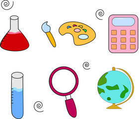 Hand-Drawn School Subject Icons Vector &ndash; Cute Cartoon Style Science Tools, Art Palette, Calculator, Globe, and Magnifier for Educational Designs and Children&rsquo;s Learning Materials