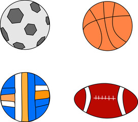 Set of Hand-Drawn Vector Sports Balls &ndash; Cartoon Style Soccer, Basketball, Volleyball, and American Football Icons for Kids Activities, Educational Materials, or Sport-Themed Designs