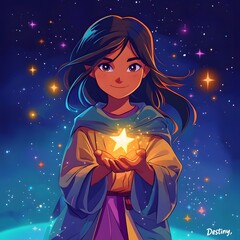 Woman cartoon fairy with a magic wand in a beautiful night fashion dress with stars