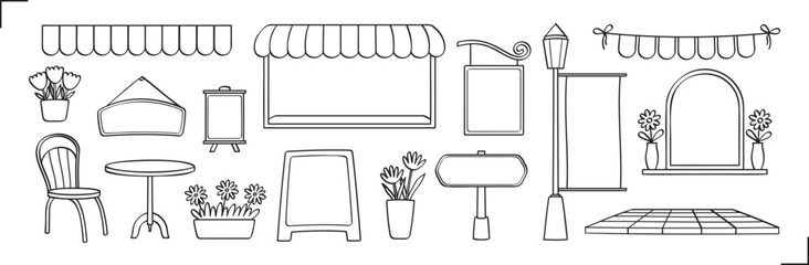 hand drawn line graphic element vector set in cafe or coffee shop concept