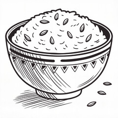 Hand-drawn rice bowl in black and white sketch style representing traditional Asian cuisine
