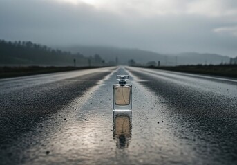 Perfume bottle on a wet road with reflection and misty landscape in background