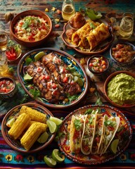A festive Mexican feast on a colorful table, with tacos, enchiladas, guacamole, grilled corn, chili, salsa, and shots of tequila. Mexican kitchen background.