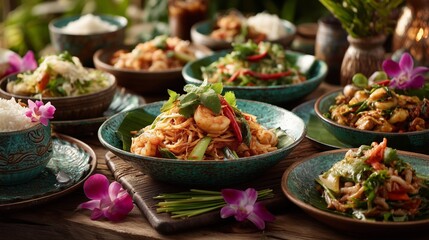 A large Thai family feast set on a rustic wooden table outdoors. Dishes include Pad Thai, green curry, papaya salad and Tom Yum soup.