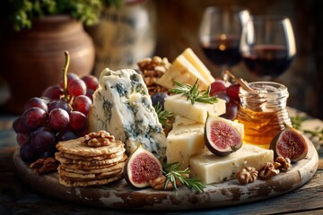A luxurious Italian cheese board with parmesan chunks, pecorino, gorgonzola and fig halves on a rustic wooden board.