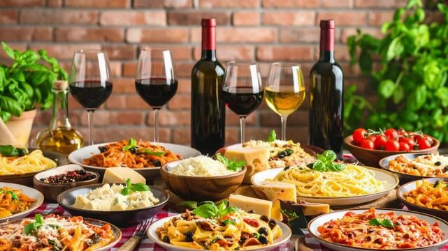 Italian pasta feast, brick wall setting, wine, basil