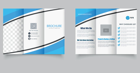 Tri fold wave brochure layout. Blue and white flyer. For design and print. Fully editable and print-ready.