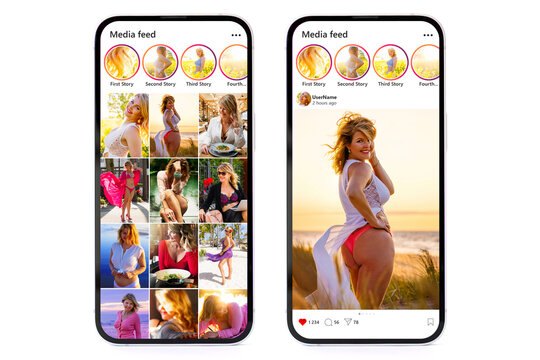 Sample social media photo gallery and single post mockups on mobile phone