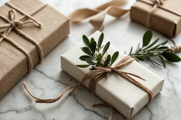 Beige Gift Box with Jute Twine and Greenery on White Marble, Elegant Natural Wrapping