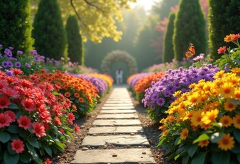 vibrant flower beds along geometric stone pathways colorful garden landscape floral design outdoor serenity, plant, blossom, outdoors, terras, patio, petal