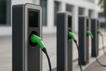 Sleek modern electric vehicle charging stations, showcasing urban sustainable transportation infrastructure and the eco-friendly future of automotive technology.