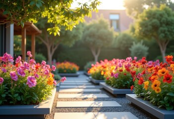 vibrant flower beds contemporary outdoor spaces colorful blooms lush greenery stylish design elements, landscape, plant, leaf, pathway, floral, blossom